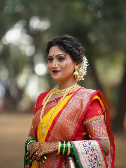 A three-quarter profile of the bride, showcasing her elegant updo with a gajra, her glowing makeup, and traditional gold jhumkas.