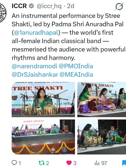 I am incredibly proud of my band, Stree Shakti, the world's first all-female Indian classical ensemble. Here is a post from the Indian Council for Cultural Relations (ICCR) recognizing our performance for their 75th foundation day, a moment that celebrated both our cultural heritage and the power of women in music.
