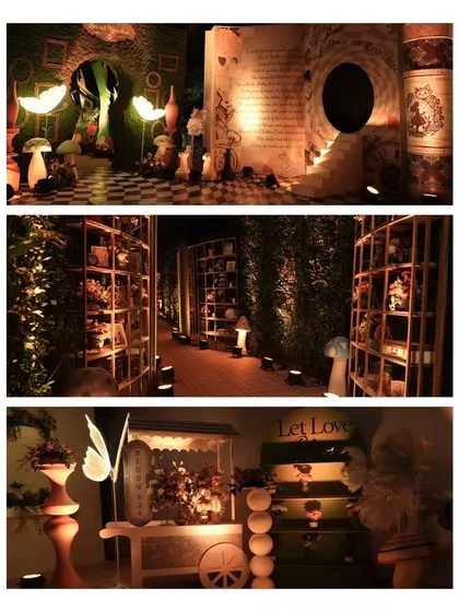 A collage of the enchanting decor elements, including the storybook entrance, the curiosity-filled pathway, and the whimsical 'Let Love Bloom' flower cart.