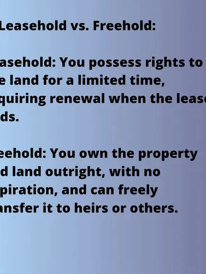 The key difference between leasehold and freehold is ownership. With a leasehold, you have rights for a limited time and must renew the lease. With a freehold, you own the property and land outright with no expiration.