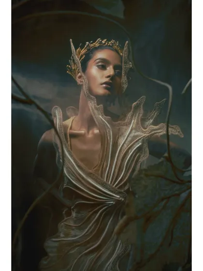 A portrait where the model is framed by coral-like textures, enhancing the underwater theme of the Vaishali S. collection. The styling, including the golden headpiece, transforms the model into a mythical sea queen.