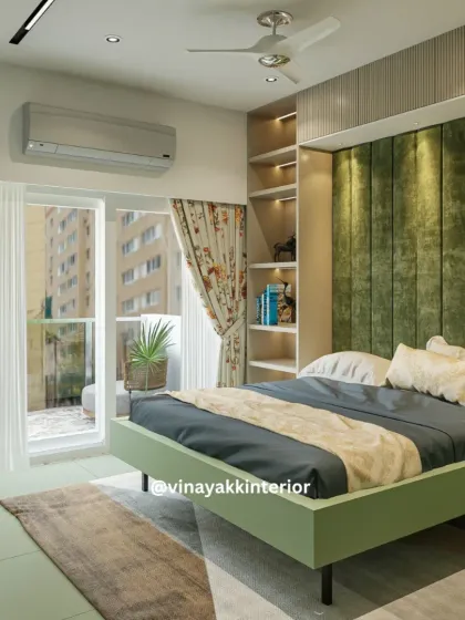 A view of the bedroom from the side, showing how the design incorporates a balcony space. The floral curtains add a touch of nature, connecting the indoor calm with the outdoor view, and the clean lines of the furniture maintain a modern feel.