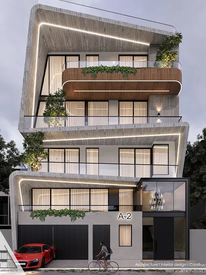This residential elevation proposal for Meera Bagh features sweeping concrete forms and a curved wooden balcony. We designed the structure with integrated planters and subtle lighting to soften the bold lines and create a harmonious balance.