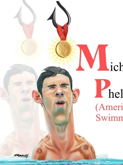 A caricature of the most decorated Olympian of all time, American swimmer Michael Phelps.
