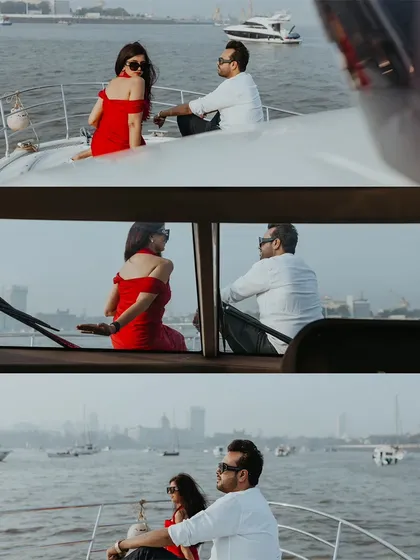 A collage of moments from a pre-wedding shoot on a yacht, capturing the couple enjoying the sea breeze and the views of Mumbai.