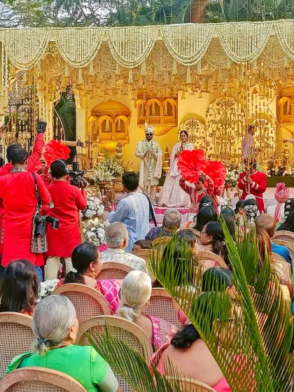 A musical wedding phere against the stunning backdrop of the Mahalaxmi Racecourse. I believe the sacred vows become even more special when accompanied by soulful, live music. Here you can see my team of singers and musicians creating a divine atmosphere for the couple's most important moments.