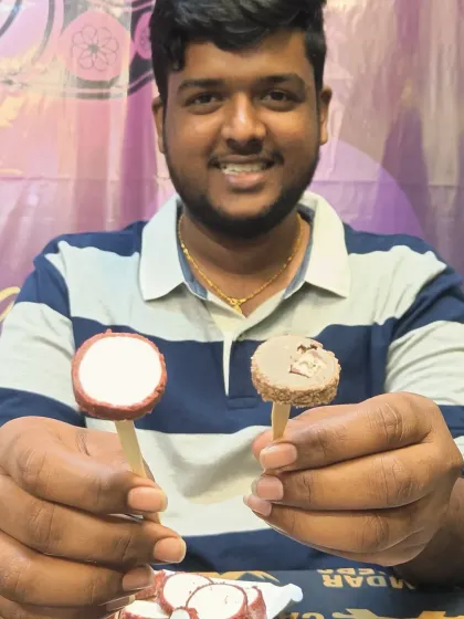 A happy guest showing off our delicious Kulfi Rolls from Hajoori's. We have different flavours like Rajwadi and Choco Kit Kat for you to try.