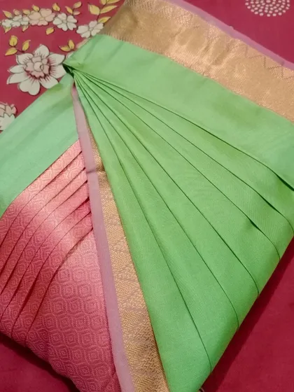 A pastel green and pink silk saree, predraped for absolute grace.