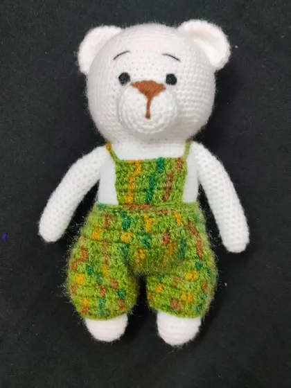 A handmade crochet teddy bear wearing a cute green jumpsuit. The dress is removable, so you can change his outfit.