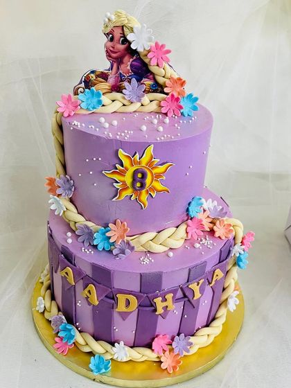 Another view of the two-tier Rapunzel cake.