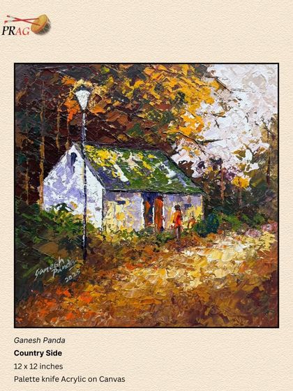 "Country Side" by Ganesh Panda is a thick, impasto palette knife painting. The frame is kept simple to allow the rich texture of the paint to be the main feature.