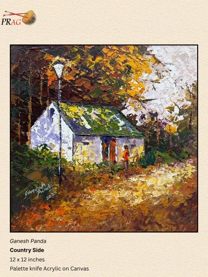 'Country Side' by Ganesh Panda, a charming palette-knife painting of a rustic house, its thick textures and warm colors evoking a sense of nostalgia.