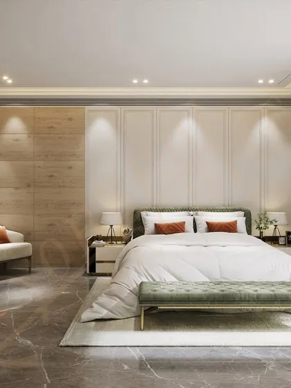 This bedroom combines a neutral palette with pops of olive green and burnt orange, set against a backdrop of wood and paneling for a modern yet warm feel.