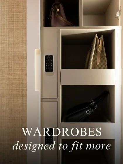 A glimpse into a wardrobe designed to fit more than just clothes. With dedicated zones for shoes, bags, and seasonal wear, this custom closet brings a sense of order and calm to the daily ritual of getting dressed.