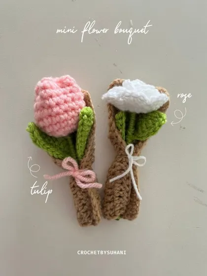 These mini flower bouquets are super versatile and cute. This image shows a pink tulip and a white rose version, each wrapped with a tiny bow. You can order them as small decor pieces or have them made into keychains.