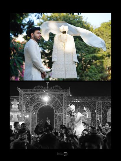 A creative black and white collage of the groom. It includes a unique shot of his sherwani and captures the high energy of his baraat celebration.