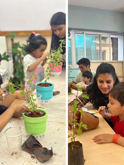 A split image showing children painting their pots and tending to their plants, highlighting the different creative and practical stages of the workshop.