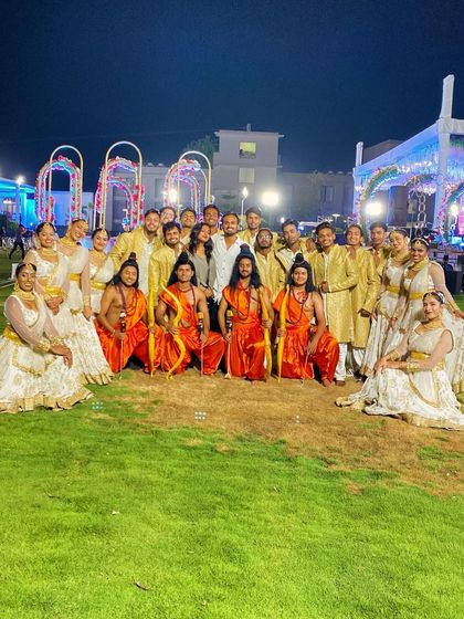 A team photo with our performers after successfully executing our grand Ram-Sita Varmala concept. We are proud to bring such divine and large-scale productions to life for our clients.