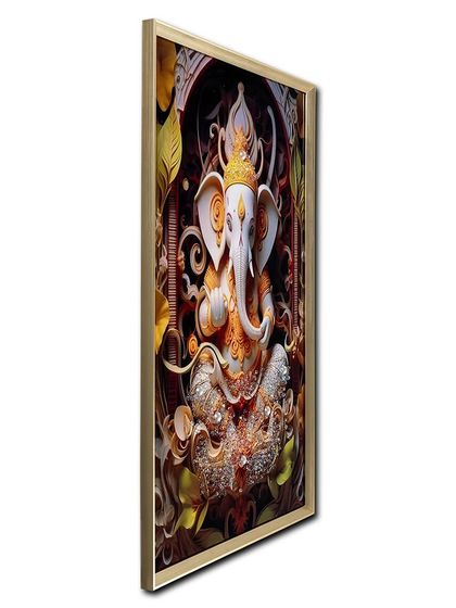 A side profile of our Lord Ganesh crystal glass painting, showing the depth and texture created by the 3D elements and crystal work. It's a piece that invites a closer look.