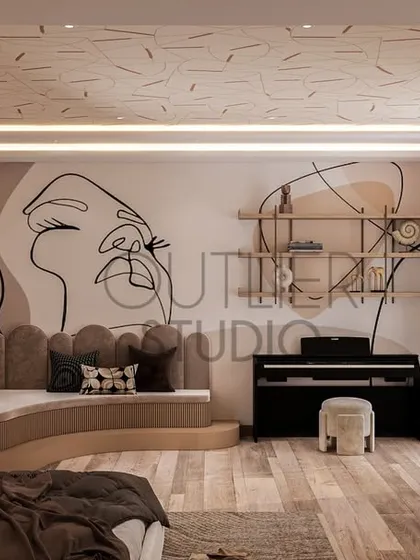 This wide view of the teenage girl's bedroom shows how the curved bay window seating, study area, and even a piano are seamlessly integrated into the design, creating a multi-functional and artistic space.