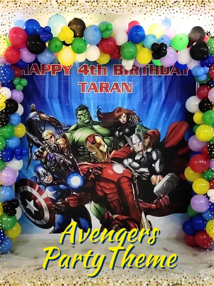 I bring superhero adventures to life with action-packed themes. This Avengers party for Taran's 4th birthday featured a custom printed backdrop of the whole team, framed by a colorful balloon arch to create an exciting photo corner.