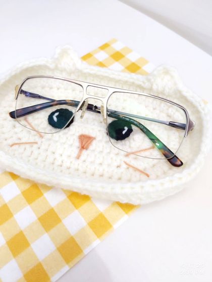 Another view of the cat eyeglasses case, showing how the glasses rest perfectly on the cat's face.
