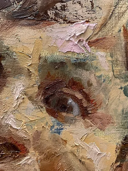 A close-up of an eye from "The Smile Spectrum," showing the detail and texture of the oil paint.