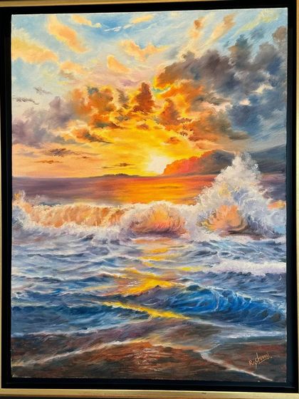 A stunning painting of a sunset over crashing waves from the 'Serenity' exhibition.
