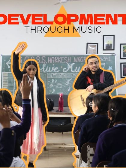 "Development Through Music." A student confidently raises her hand to participate, showing the personal growth and development that our programs foster.