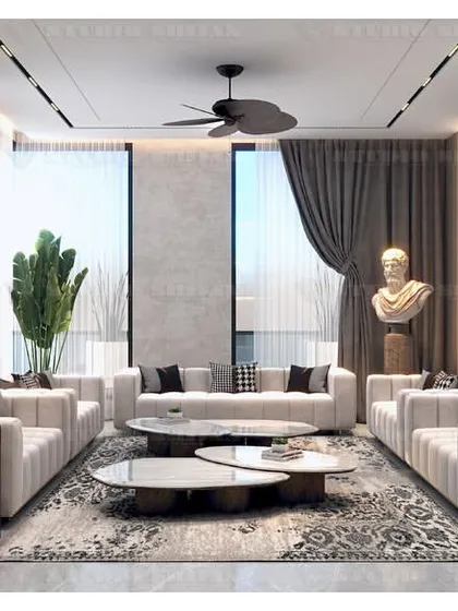 A wide shot of the Kirti Nagar drawing room, showcasing the spacious layout, ample seating, and large windows that fill the room with natural light.