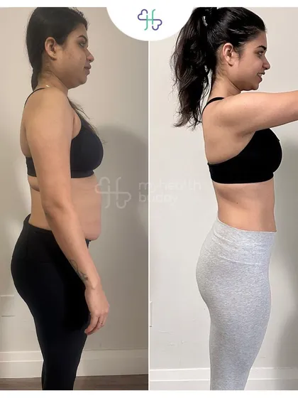 From 56 kg to 51 kg in 6 months. This client focused first on losing stubborn belly fat with home-cooked food, then on gaining muscle with heavy weightlifting.