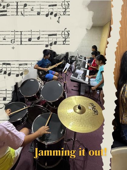 A collage showing students jamming out on drums, bass, and keyboard. This is what a typical week of practice and collaboration looks like at our school.