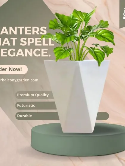 Our FRP planters spell elegance. This futuristic, diamond-cut white planter is premium quality, durable, and designed to make a statement in any commercial space.