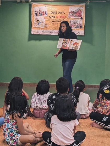 A series of photos from an indoor storytelling session for Pratham Books' 'One Day, One Story' event. This shows my journey as a storyteller, from park sessions to collaborations, and my passion for spreading the joy of reading.
