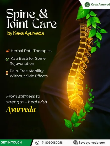 We address the root cause of spine and joint issues. This visual represents our targeted therapies like Kati Basti and Herbal Potli, which are designed to rejuvenate the spine, reduce inflammation, and restore pain-free mobility without side effects.