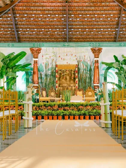 We ensure every guest has a beautiful view. This shot shows the full seating arrangement facing our custom-designed Muhurtham stage.