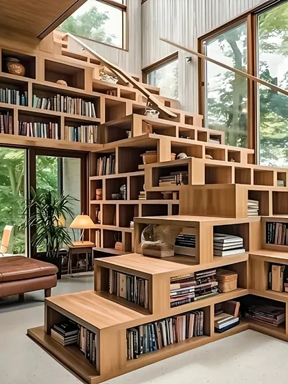 One of our favorite ways to maximize space is to make every feature work harder. Here, we designed a staircase that doubles as a full-scale library and display unit, providing massive amounts of storage while creating a stunning architectural feature in the home.