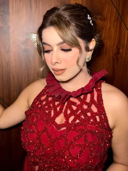 A close-up on the eye makeup, showing the soft, shimmery tones.