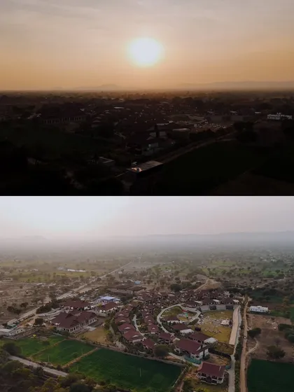 An aerial diptych showing the vast, beautiful landscape of the resort and surrounding area in Rajasthan, setting the scene for an epic pre-wedding story.