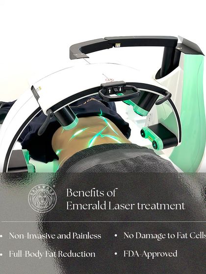 This image highlights the key benefits of the Emerald Laser treatment. It is non-invasive, painless, provides full-body fat reduction, and is FDA-approved, ensuring a safe procedure that does not damage fat cells.