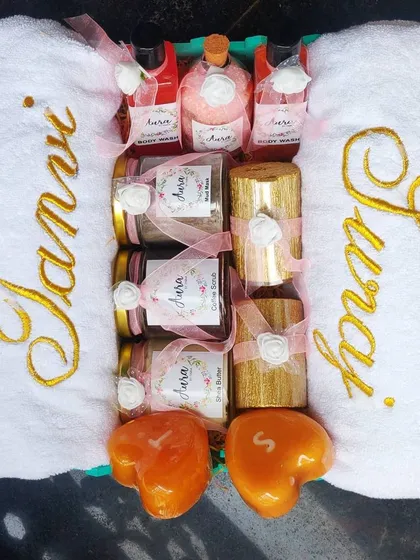 Wedding season is my favorite time. This trousseau hamper is packed with goodies like personalized towels, body washes, scrubs, and heart-shaped soaps, all ready to delight the newlyweds.