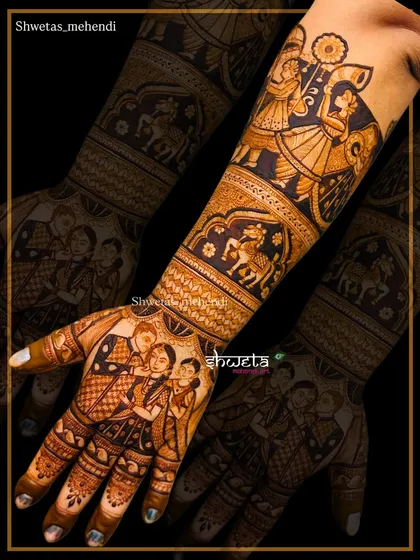Your mehendi can be a family portrait. This custom design captures a special family moment on the hand, showing how we can personalize your bridal mehendi to be truly one of a kind.