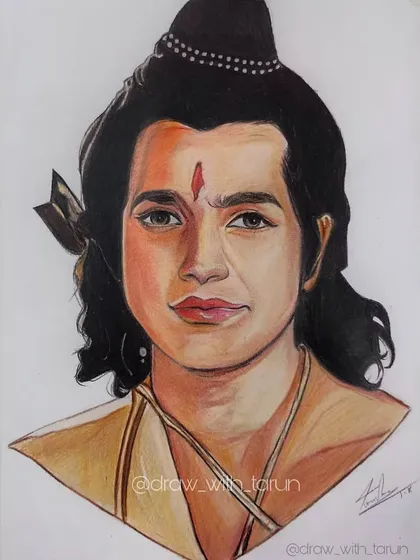 A wider view of the Shri Ram color pencil drawing, showing the full bust portrait.