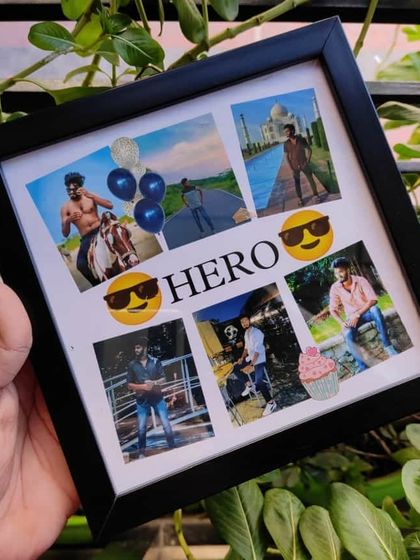 This 'Hero' themed frame is a fun and modern gift for a friend or brother. It combines photos with cool emojis to create a playful and personalized tribute.