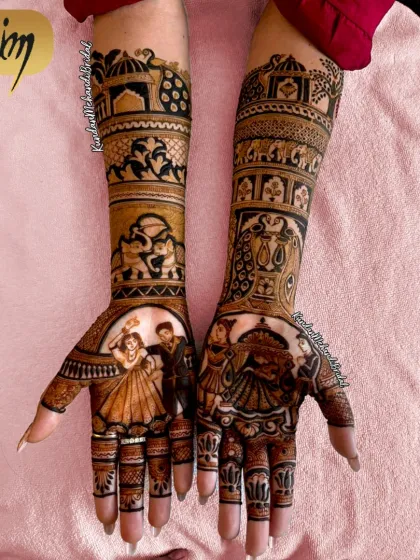 A modern take on bridal mehndi, this design features a couple dancing, with a teddy bear motif included for a personal touch. It shows how we can incorporate any element that is special to you.