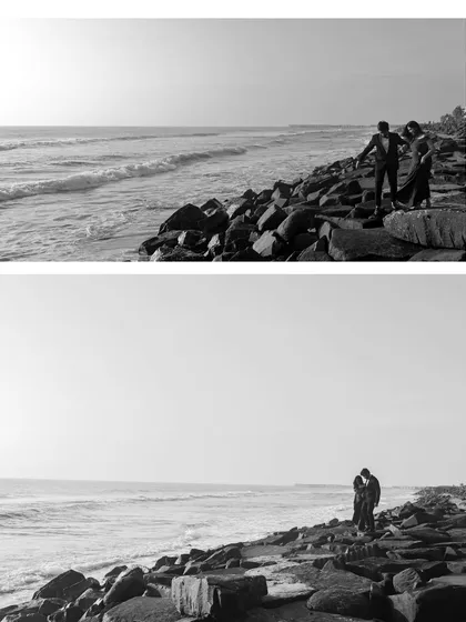 A two-panel black and white image from a beach shoot, capturing both a wide, scenic view and an intimate embrace against the ocean.