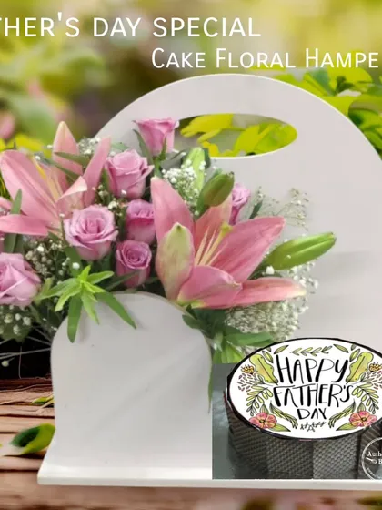 Our cake and floral hampers are a perfect all-in-one gift for special occasions like Father's Day. This hamper features one of our signature cakes paired with a beautiful, fresh bouquet of lilies and roses, all delivered together across Delhi-NCR.
