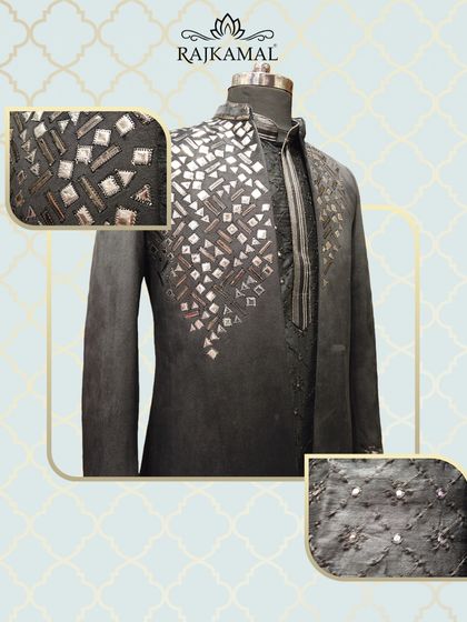 Another collage of the grey jacket, showing different angles of the intricate mirror and sequin embroidery.