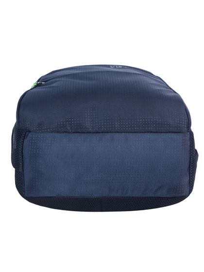 A bottom view of a backpack, showing its base and construction.