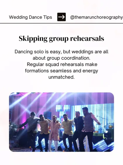 Wedding Dance Tip: Don't skip group rehearsals. Coordination is key for a seamless squad performance, and regular practice builds unmatched energy.